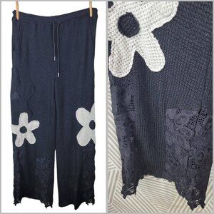Davi & Dani Daisy Lace Pants Plus 1X 1XL Embroidered Pull On Boho Hippie Black